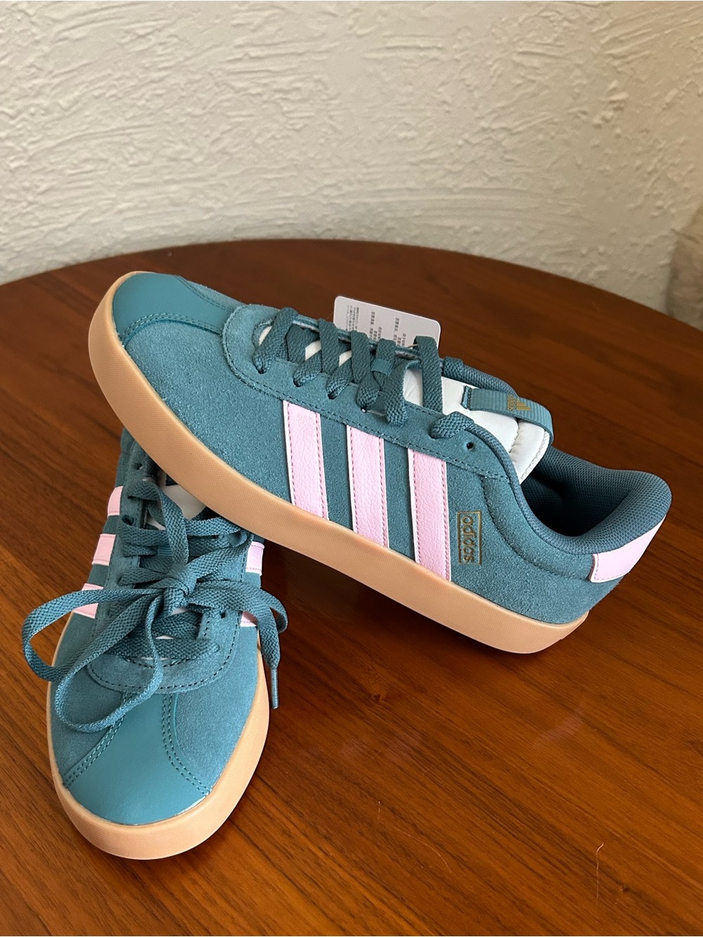 adidas VL Court 3.0 Teal/Clear Pink/Gold Metallic Suede Sneakers - Women's